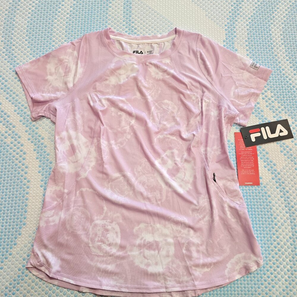 Fila Women Training Lilac TieDye Breathable Athletic Short Sleeve Tee Size Large